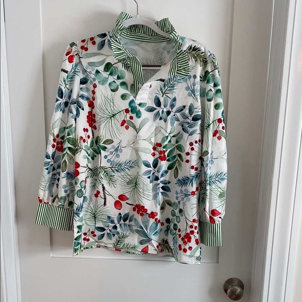 Christmas Holly striped graphic Print Blouse